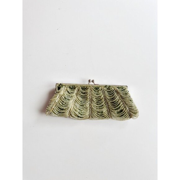 Unbranded Green Scalloped Beaded Sequin Embellished Satin Evening Purse Bag - Picture 1 of 11